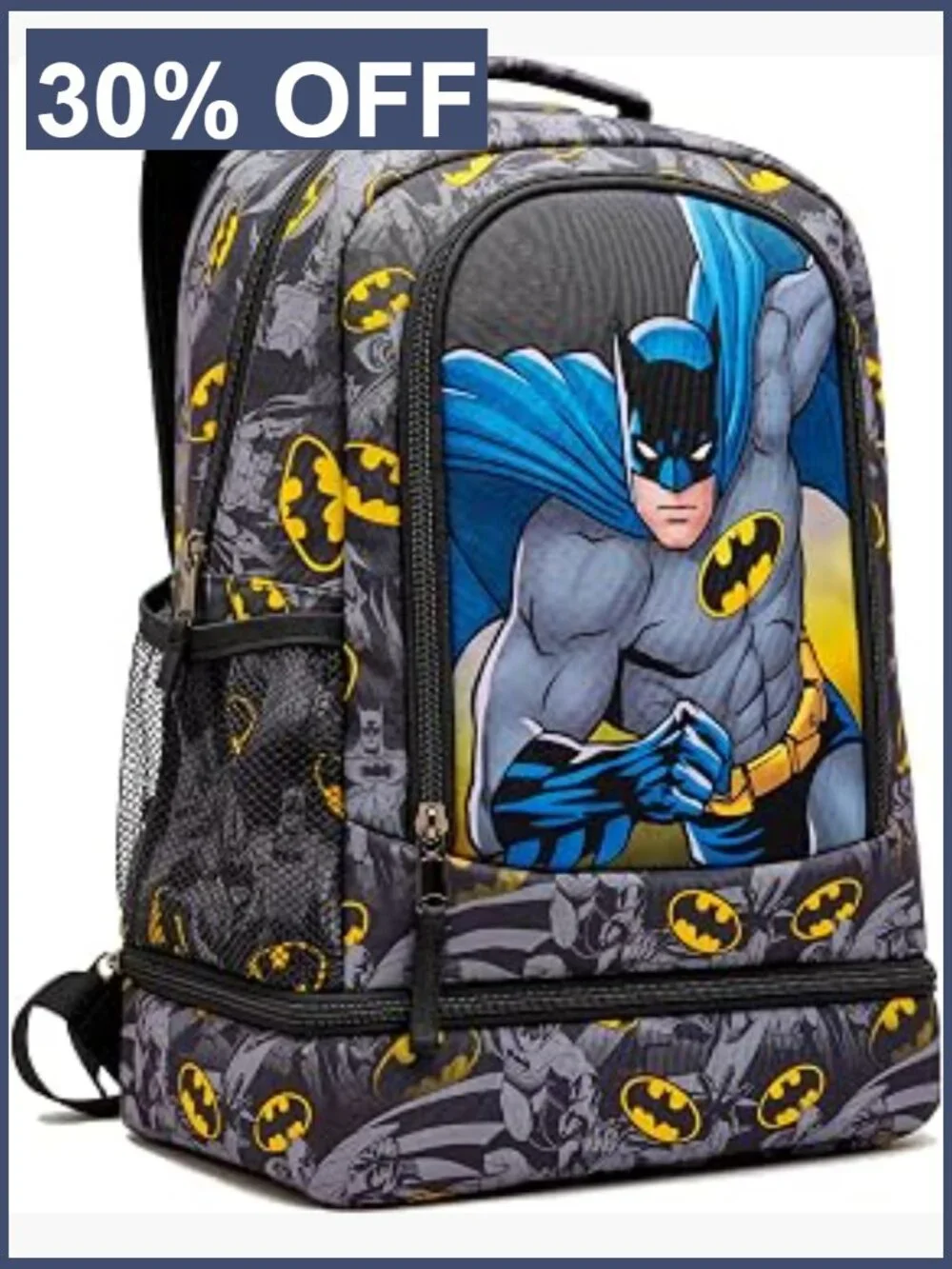 Kids Batman Backpack with Insulated Lunch Pocket and Padded Straps